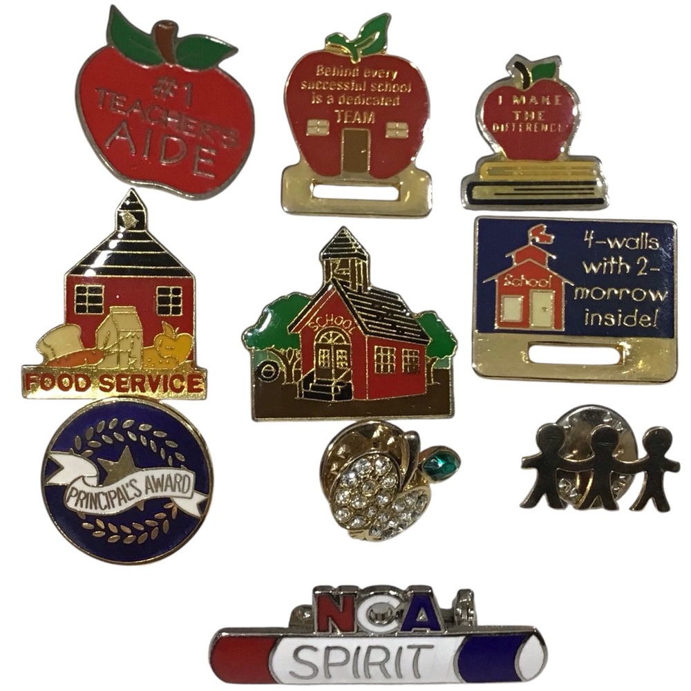Vtg School Teacher Pin Lot Award Principal Students Enamel Red Gold Blue Green